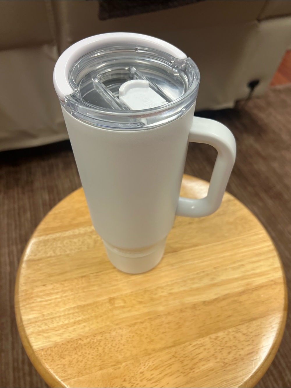 White Insulated Travel Mug with Handle and Clear Slider Lid